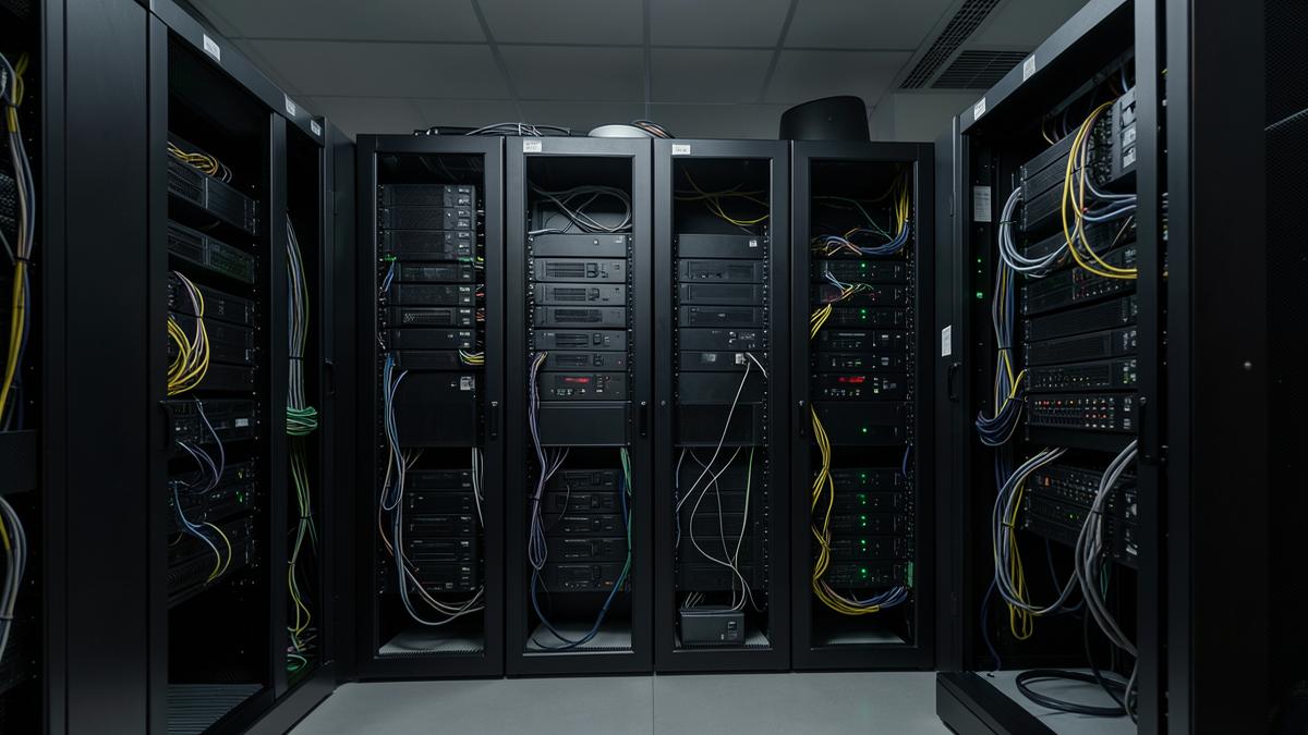 Sala de TI corporativa com racks, servidores e cabeamento de rede